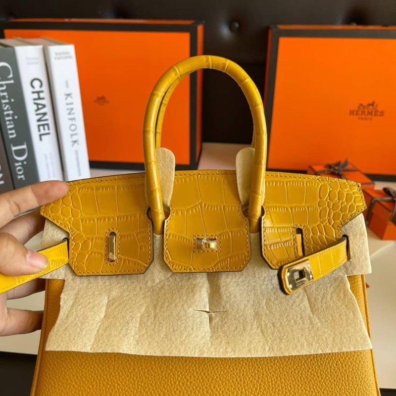 hermes-birkin25-บัคทองหนังวัว-จรเข้