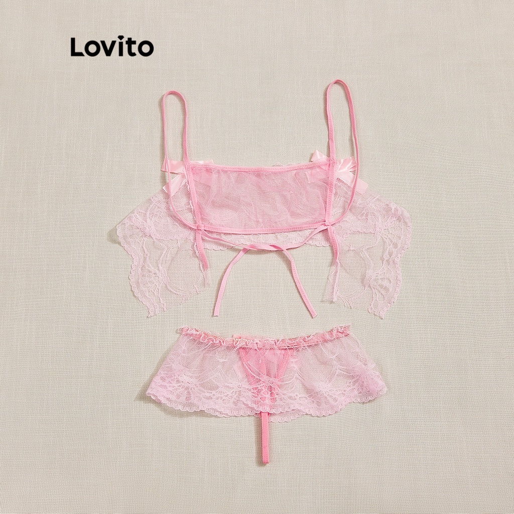 ภาพสินค้าLovito ชุดบราชั้นใน และกางเกงชั้นใน เสื้อซีทรู ผูกเชือก มีโบด้านหน้า ลายลูกไม้ สไตล์น่ารัก L15D085 (สีชมพู/สีขาว) จากร้าน lovito.th บน Shopee ภาพที่ 3