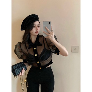 [Follow Store Instantly Reduce 30] เสื้อเชิ้ตแขนสั้น ผ้าตาข่าย ประดับโบว์ เซ็กซี่ ระดับไฮเอนด์ แฟชั่นฤดูร้อน สไตล์ฝรั่งเศส สําหรับผู้หญิง 2022