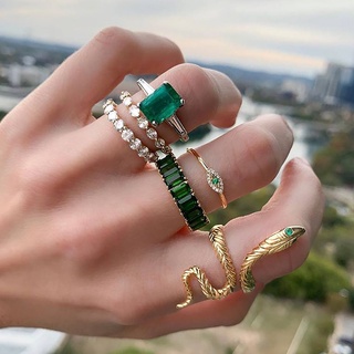 สินค้า ชุดแหวนแต่งงาน รูปงู ประดับคริสตัล สีเขียว สไตล์โบฮีเมียน สําหรับผู้หญิง จํานวน 6 ชิ้น ต่อชุด