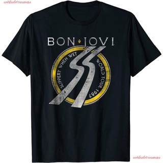 แฟชั่นที่กำหนดเอง Mens Bon Jovi Slippery When Wet World Tour T-Shirt บอนโจวี ​วงร็อค Bon Jovi เสื้อยืดผู้หญิง เสื้อยืดผู