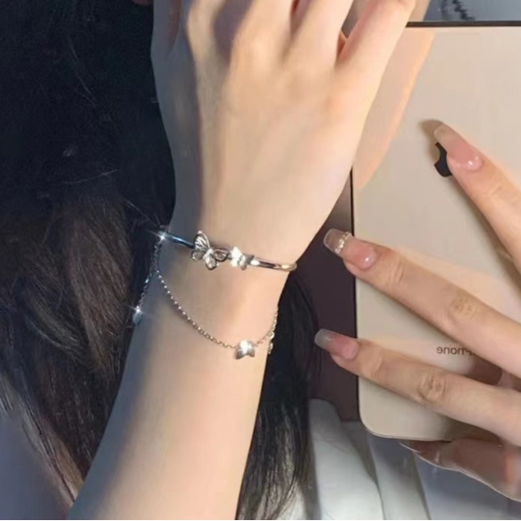 สร้อยข้อมือโซ่-จี้ผีเสื้อคู่-ประดับพู่-สําหรับผู้หญิง