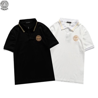 Versace เสื้อโปโลแฟชั่นสําหรับ Unisex ผ้าฝ้ายแขนสั้นเย็บปักลาย