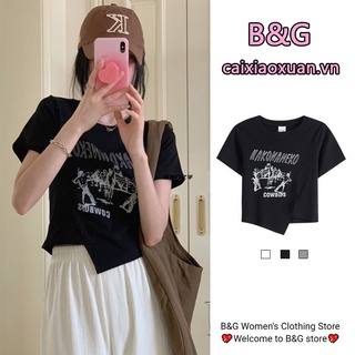 พร้อมส่ง เสื้อยืดแขนสั้น พิมพ์ลาย ทรงไม่สมมาตร สําหรับผู้หญิง JL-TX-389