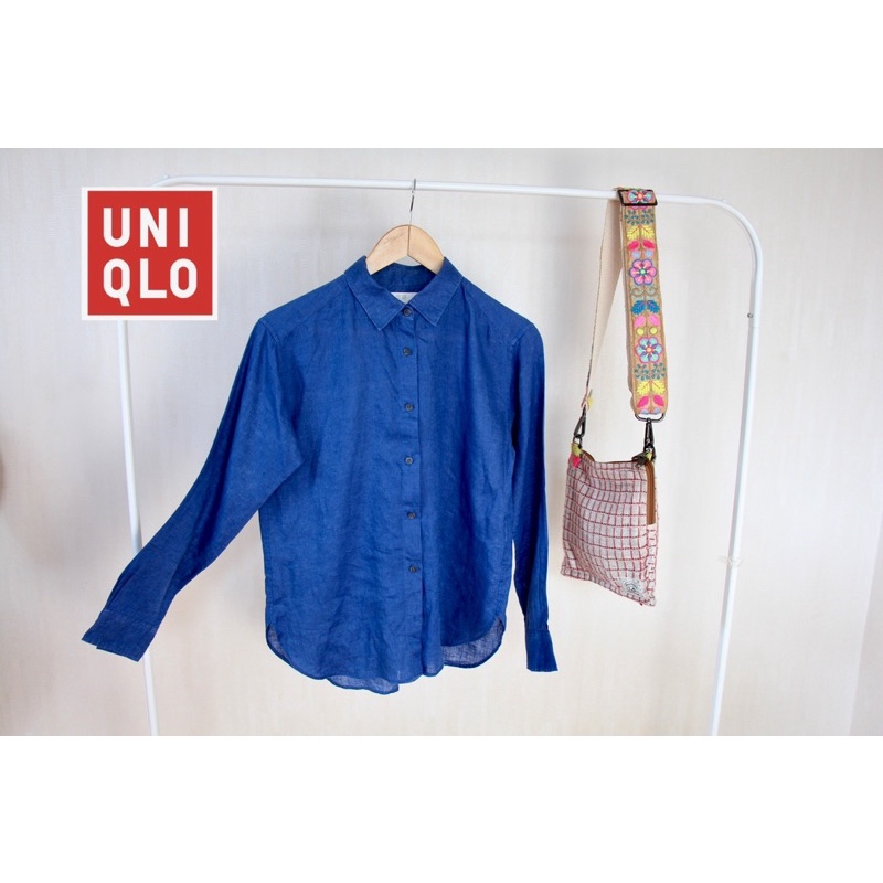 uniqlo-x-linen-x-size-m-สีน้ำเงินสวย-เนื้อผ้าสภาพใหม่-ตำหนิรอยขาวตรงแขนขวา-อก-38-ยาว-25