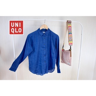 UNIQLO x Linen x size M สีน้ำเงินสวย เนื้อผ้าสภาพใหม่ ❌ตำหนิรอยขาวตรงแขนขวา อก 38 ยาว 25