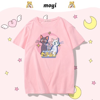 【100% cotton】เสื้อยืดแขนสั้น ผ้าฝ้าย พิมพ์ลายการ์ตูนเซเลอร์มูน สําหรับผู้หญิง