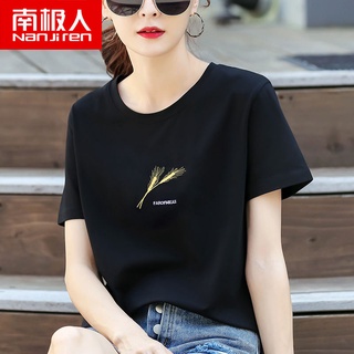 ☎▤▫100 ผ้าฝ้ายแขนสั้นเสื้อยืดผู้หญิงฤดูร้อนสไตล์ใหม่ 2021 เวอร์ชั่นเกาหลีหลวมสีดำทุกการแข่งขันสไตล์ตะวันตกแนวโน้มเสื้อผ้