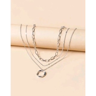 สร้อยคอแฟชั่น สร้อยคอ 3 ชั้น จี้กลม สีเงิน Twist Round Charm Necklace (ส่งจากไทย)