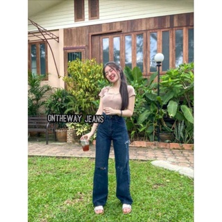 👖กางเกงยีนส์กระบอกเล็กเก็บพุงเอวสูงปรี๊ด💥สีดำมิดไนท์ฟอก1กระดุมขาดเข่าผ่าข้างเก็บทรงสะโพกสวยมาก