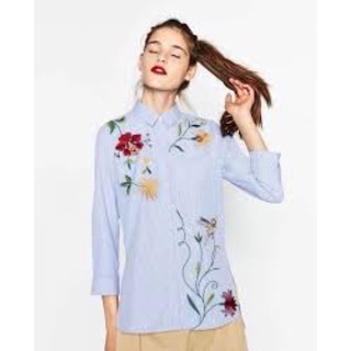 Cotton shirt งานปัก สีฟ้าลายทางสวย • อก 36 ยาว 25 งานคล้าย zara code:291