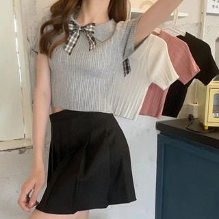 Bonnie(พร้อมส่ง/9550-1)เสื้อสเวตเตอร์แขนสั้นเปิดสะดือสำหรับผู้หญิงฤดูร้อนปี2021ใหม่สไตล์เกาหลีสลิมแขนสั้น