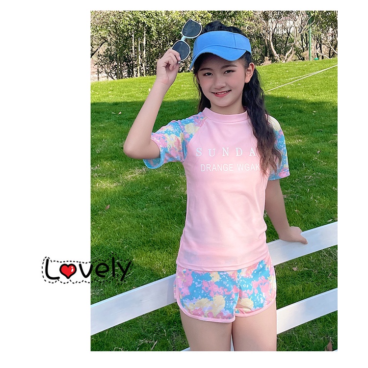 พร้อมส่ง-ชุดว่ายน้ำเด็กโต-ขาสั้น-2-ชิ้น-เสื้อและกางเกง-จากไทย