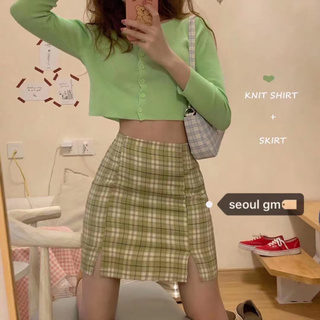 ETichic  ผู้หญิงแฟชั่นเกาหลีลายสก๊อตสดขนาดเล็กแยกกระโปรงเอวสูง A-line green skirt07#