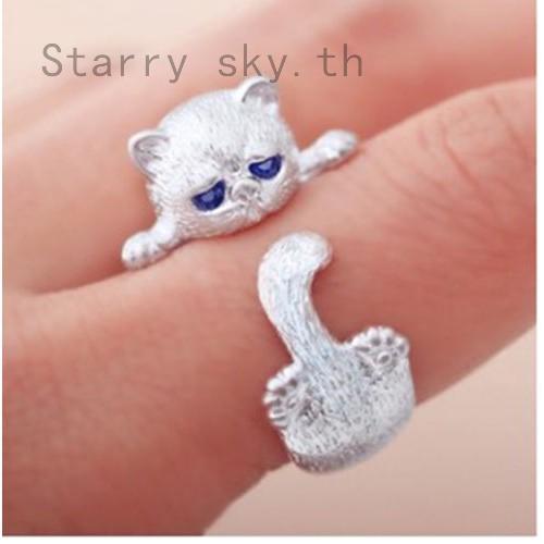 Women s Anti Silver Animal Cat Ring Kitty Adjustable Ring Blue Eyes Jewelry 1PC