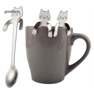 Gotm_ช้อนส้อมสเตนเลส ด้ามจับยาว ลายการ์ตูนแมว สําหรับตักซุป เค้ก ขนมหวาน กาแฟ