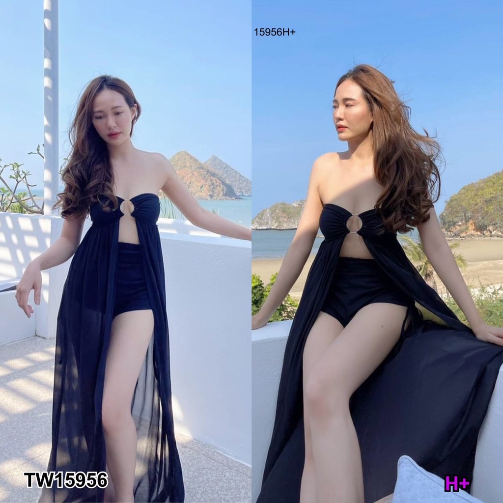 tw15956-set-2-ชิ้น-เสื้อเกาะอกชีฟองตัวยาวผ่าหน้า-กางเกงขาสั้นผ้าคอตตอน-ดีเทลขากางเกงแต่งรูดเชือกได้