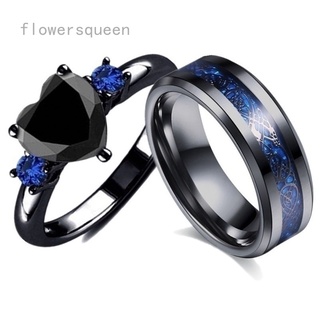 flowersqueen แหวนแต่งงาน รูปหัวใจ ประดับคริสตัล สีดํา สีฟ้า เหมาะกับของขวัญวันวาเลนไทน์ สําหรับผู้หญิง