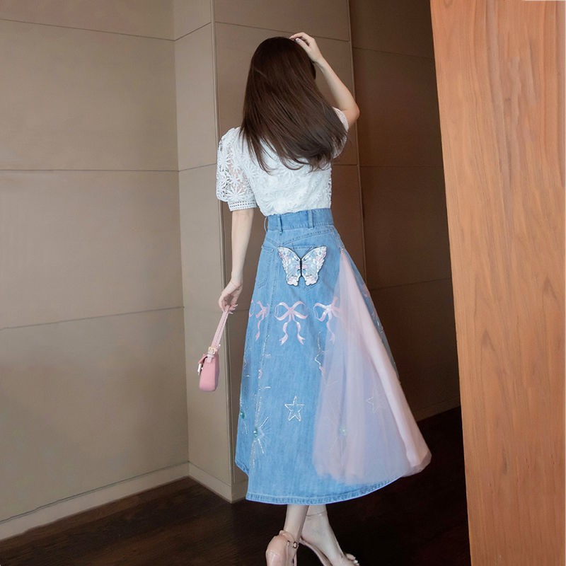 พร้อมส่ง-skirt-womens-new-high-waist-umbrella-skirt-long-gauze-skirt-embroidery-mesh-half-length-denim-skirt