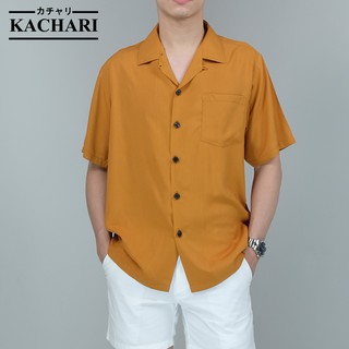 KACHARI เสื้อฮาวาย เสื้อเชิ้ตคอเปิด สีพื้น ผ้าเรยอน (สีเหลืองมัสตาร์ด)