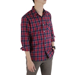 ฺBOVY MENS SHIRT SLEEVED-เสื้อเชิ้ตสก๊อตแขนยาวสีแดงกรม BBS3901