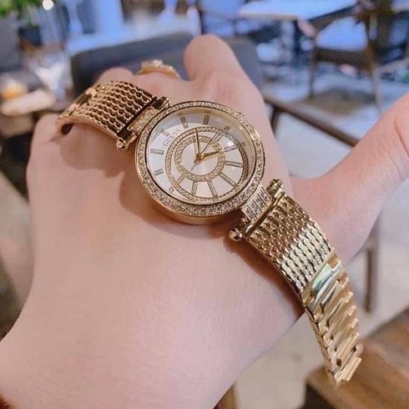 ผ่อน0-นาฬิกาสแตนเลสสีทอง-guess-womens-u1008l2-gold-stainless-steel-quartz-watch-หน้าปัด-32-มม-ทรงกำไล