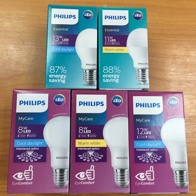 ภาพหน้าปกสินค้าPhilips หลอดไฟฟิลิปส์ LED Bulb MyCare 8W,12W E27 (รุ่นใหม่ Eye Comfort ถนอมสายตา)กล่องม่วงและรุ่นEssential 13W,11W(ฟ้า) จากร้าน alaskalov บน Shopee