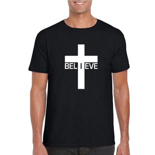 เสื้อยืดผ้าฝ้ายI Believe T-Shirt อีสเตอร์คาทอลิกพระคัมภีร์ศาสนาพระเยซูพระเจ้าเสื้อ Men Mens Tee Shirt HommeL XL  XXL 3XL
