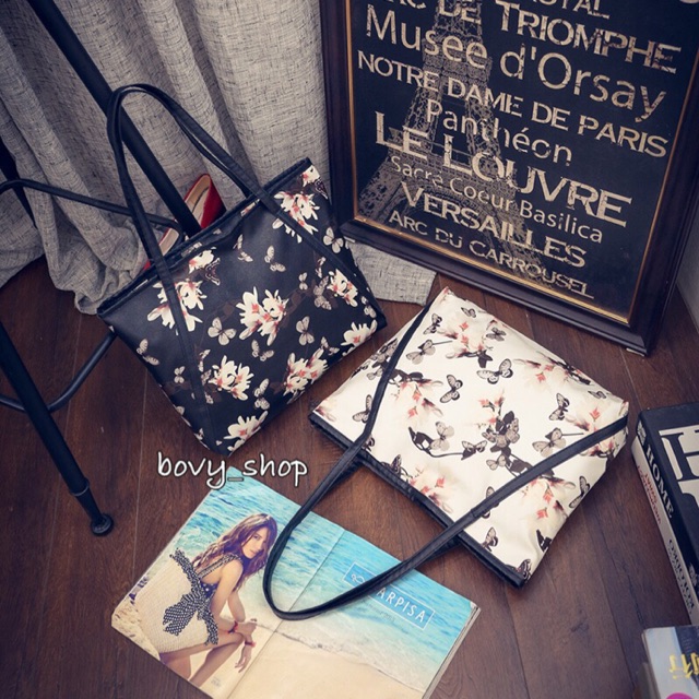 กระเป๋าสะพาย-tote-ลายดอกไม้-พร้อมส่ง-ส่งฟรี