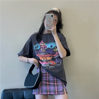 พร้อมส่ง(C1460-C1461)🐻Apollo 90’s tee + purple skirt เสื้อยืดพิมลาย90’s และกระโปรงทรงเอสีม่วง