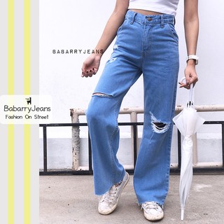 BabarryJeans ยีนส์ทรงกระบอก เอวสูง แต่งขาด ปลายตัด สียีนส์อ่อน