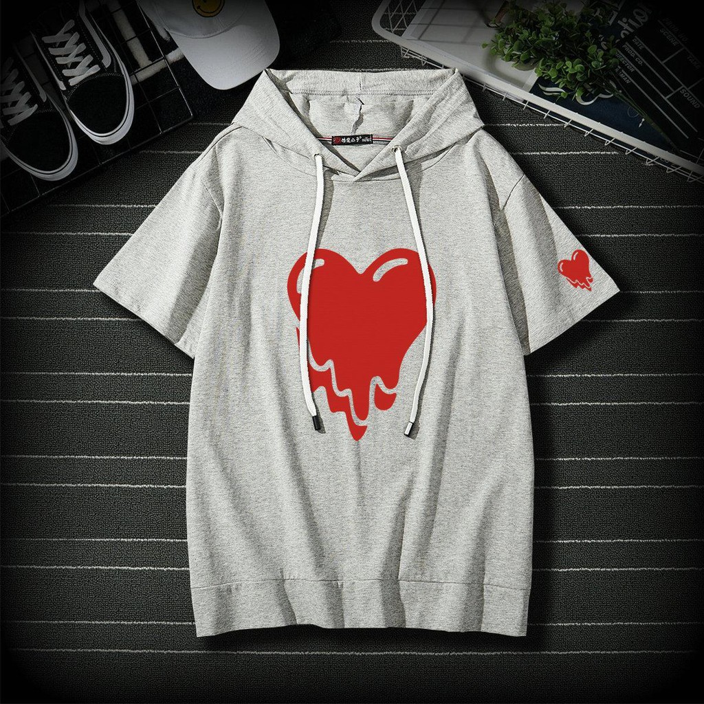 เสื้อมีฮู้ดแขนสั้นผู้ชาย-เสื้อฮู้ดพิมพ์ลายตัวหลวม-เสื้อยืดแขนสั้นผู้ชาย