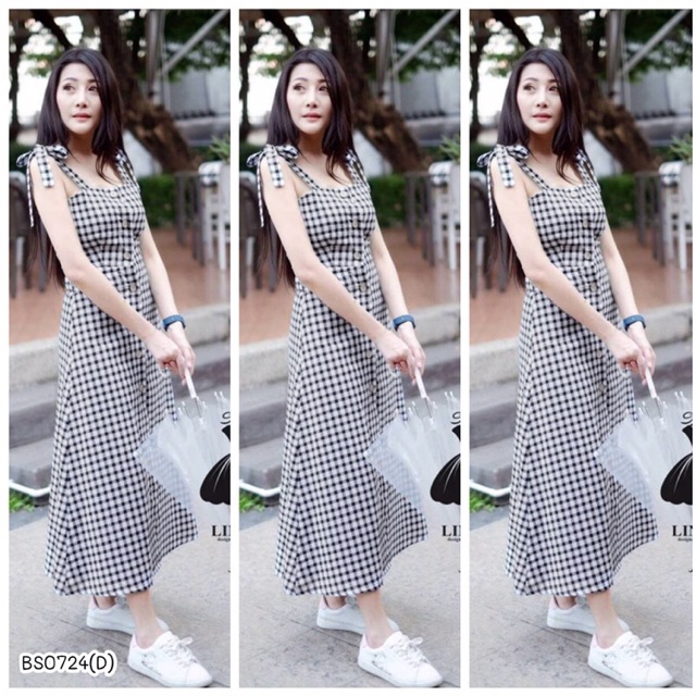 maxi-dress-แม็กซี่เดรสผูกไหล่ลายสก็อต