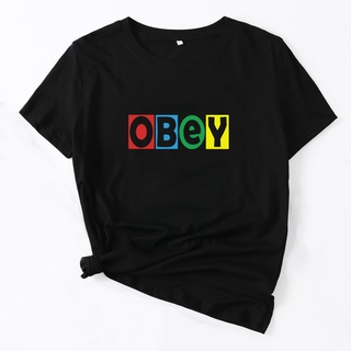 Bts Obey เสื้อยืดลําลองแฟชั่นสําหรับสตรีแขนสั้นคอกลมพิมพ์ลาย