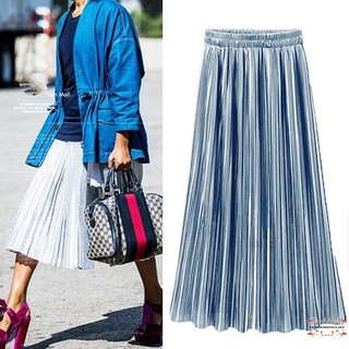สินค้า IOY-Casual Women Double Layer Pleated Retro Long Maxi Elastic Waist Skirt