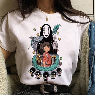 Studio Ghibli Spirited Away Hayao Miyazaki Kawaii พิมพ์เสื้อยืดผู้หญิง Harajuku Aesthetic TShirt เสื้อสีขาวอะนิเมะหญิง T