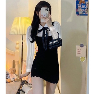 พร้อมส่ง🔥 เดรสยาวญี่ปุ่น กระโปรงสั้นเย็บขาวดำ เดรสสไตล์มหาลัย น่ารัก