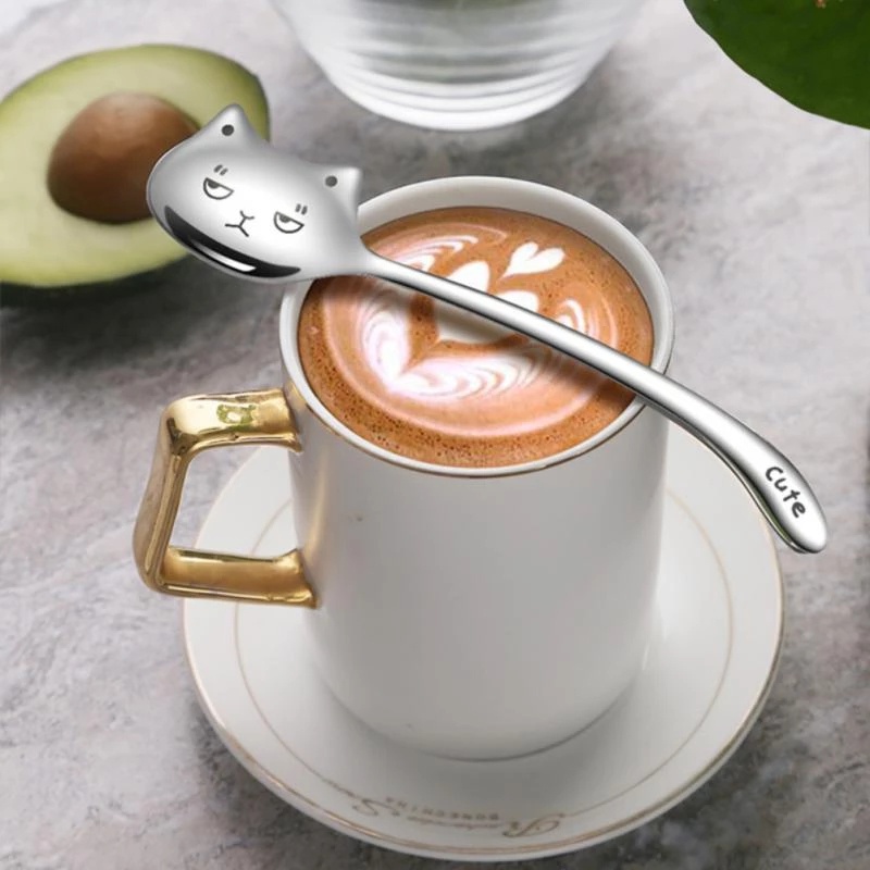 ช้อนชา-กาแฟ-ขนมหวาน-สเตนเลส-ด้ามจับยาว-16-ซม-ลายแมวน่ารัก-สร้างสรรค์