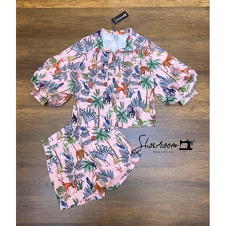 Pink Safari printed co ord set เซ็ทสีชมพูอ่อนพิมลายซาฟารี #showroombrand