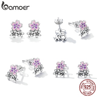 Bamoer ต่างหูเงิน 925 รูปดอกไม้ สีชมพู เครื่องประดับแฟชั่น สําหรับผู้หญิง (1 คู่) SCE1390