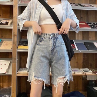 สินค้า ELAND_SHOPกางเกงยีนส์ แนวสตรีท สไตล์เกาหลี ผ้ายีนส์แท้ 💯 ทรงขากระบอกครึ่งขาตัดแต่งปลาย ครึ่งขา