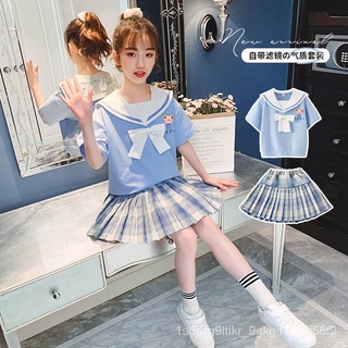 Hot SPOT Girls  2 PCS  Placket Short Sleeve College style skirt Plaid