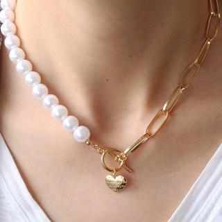 2020 Fashion Vintage Pearl Heart Thick Chain Clavicle Necklace Gothic Circle Heart Geometric Short Necklace Women Jewelry