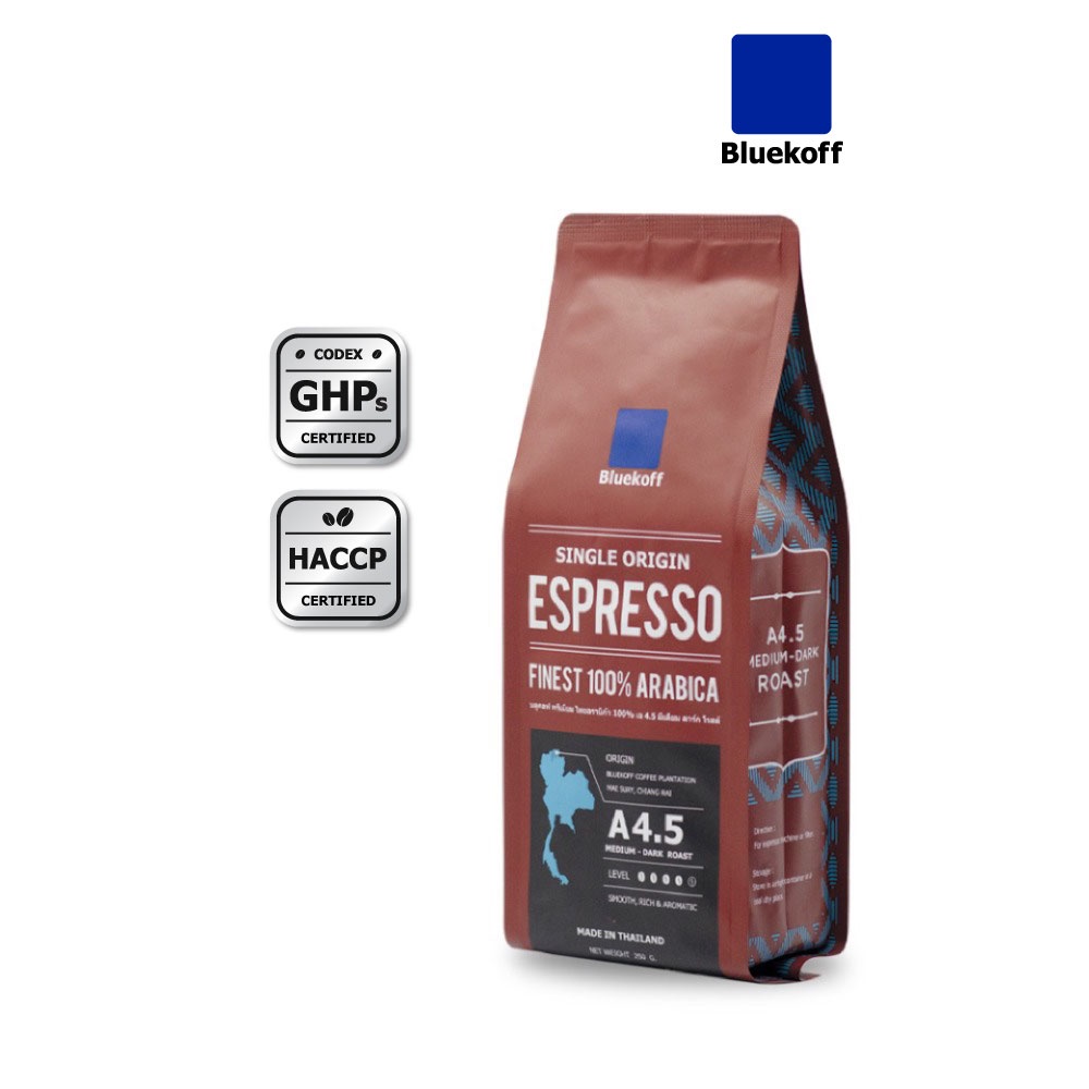 ราคาและรีวิวBluekoff A4.5 เมล็ดกาแฟไทย อราบิก้า 100% Premium เกรด A คั่วสด ระดับคั่วกลางค่อนเข้ม (Medium-Dark Roast) บรรจุ 250 กรัม