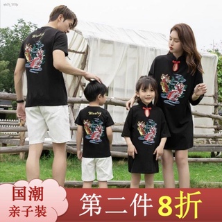 เสื้อผ้า✱Guochao พ่อแม่และลูกสวมใส่สไตล์จีนแขนสั้นผ้าฝ้ายเสื้อยืดฤดูร้อนแม่และลูกสาวชุดปรับปรุง cheongsam ครอบครัวสามและ