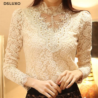Dsluxo เสื้อเบลาส์ แขนยาว คอตั้ง ปักลายลูกไม้ พลัสไซซ์ สําหรับผู้หญิง