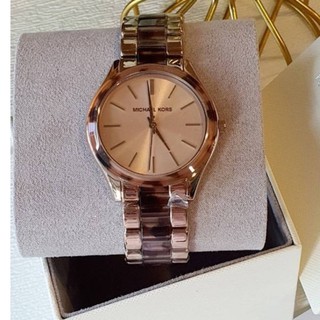 (ผ่อน0%) นาฬิกา Michael Kors Slim Runway Three-Hand Pale Pink Stainless Steel with Acetate Watch MK4542 42มม ชมพู ลายกระ