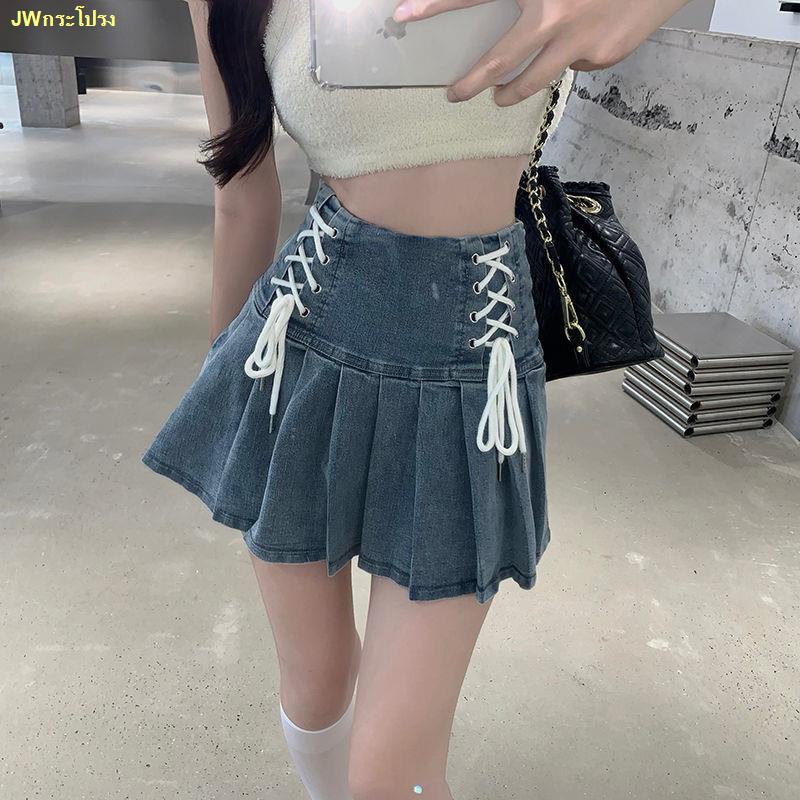 ขายร้อน-hot-girl-denim-short-skirt-2022-korean-style-cross-tie-pleated-skirt