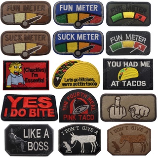 แพทช์ผ้าเย็บปักถักร้อย Tacos Fun Suck Meter I Do Bite Boss Fastener Hook Loop Applique Clothing Backpack Badge