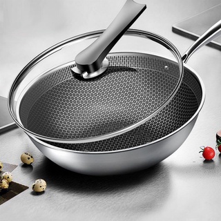 ☬☼Three Layer Steel Honeycomb Wok Kitchen Daily Use 304 Stainless Steel Wok with Stainless Steel Handle